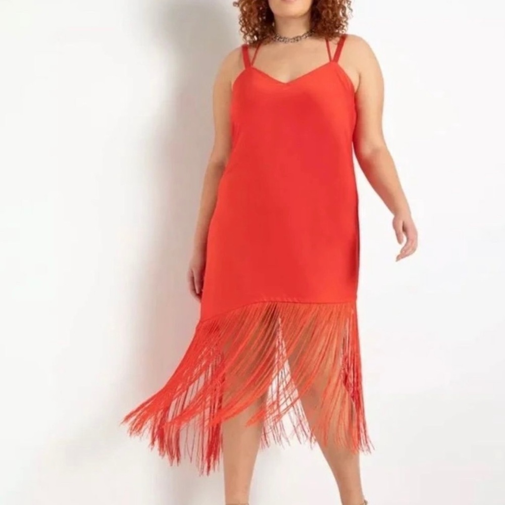 Eloquii Red Fringe Slip Dress Size 14